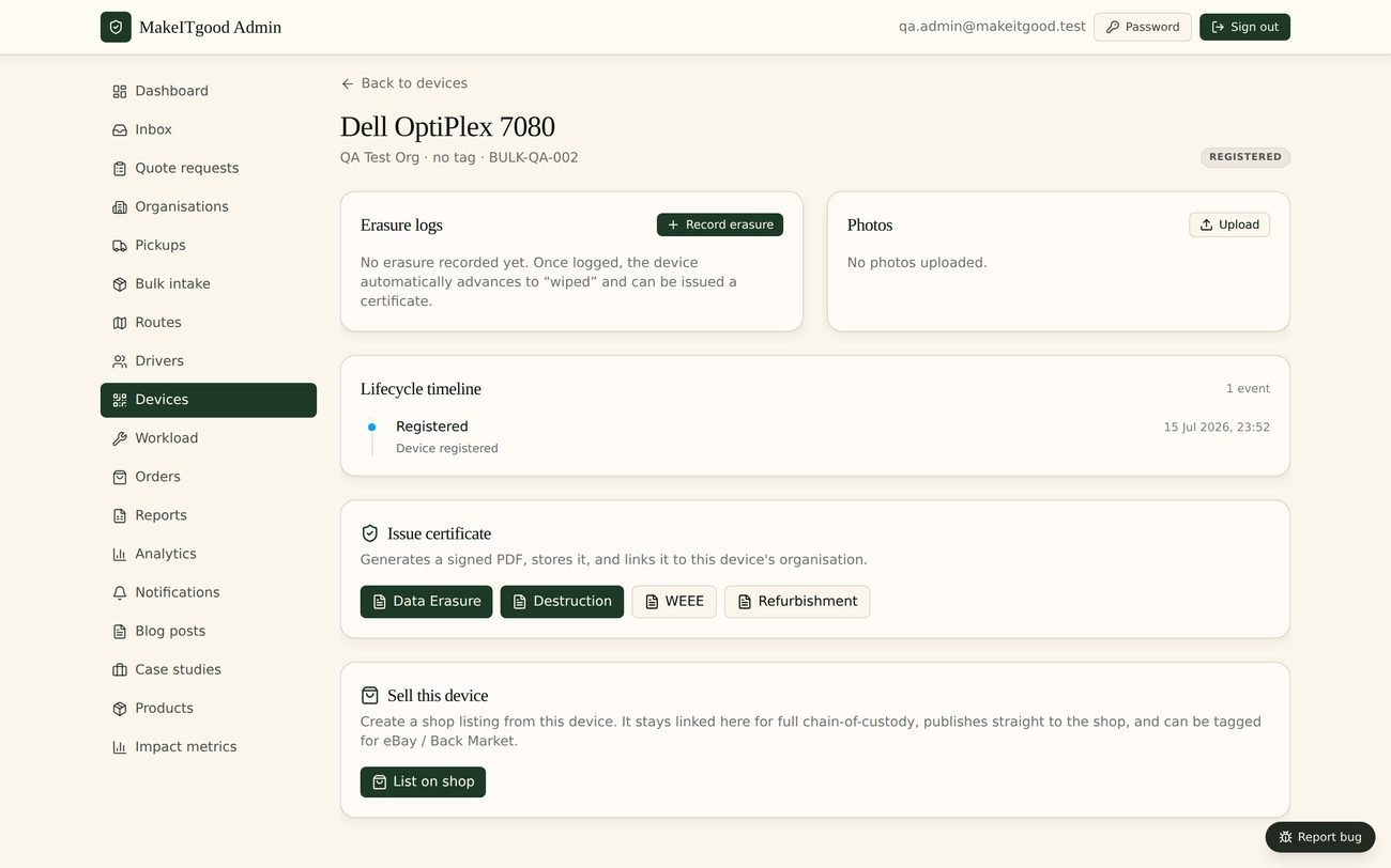 WipeTrail device detail with lifecycle and certificates