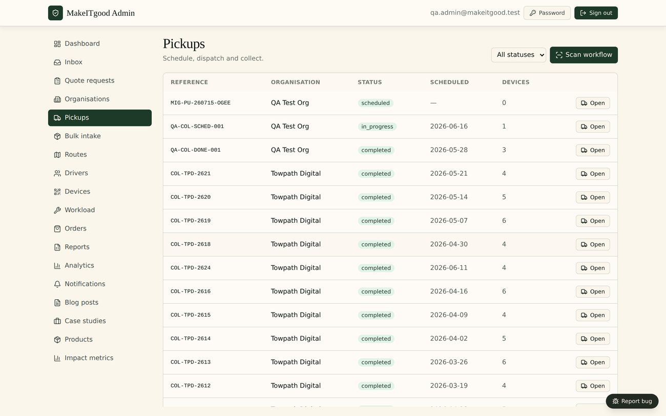 WipeTrail pickups screen showing scheduled collections and their status